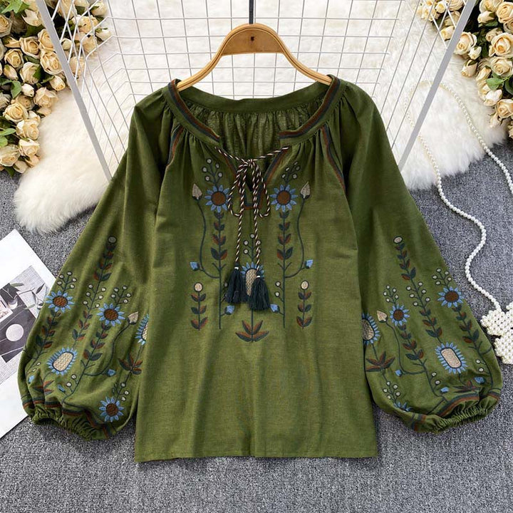 Lässiges T-Shirt mit Buddha Stones -Stickerei, Blumen- und Blattmuster, Damen-Baumwoll-Leinen-Mischgewebe, Rundhalsausschnitt  - Dunkelgrün - US4-6, UK/AU8-10, EU36-38 (F) - image 0