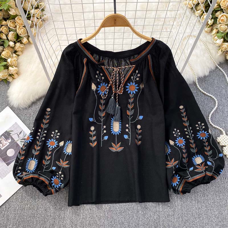 Lässiges T-Shirt mit Buddha Stones -Stickerei, Blumen- und Blattmuster, Damen-Baumwoll-Leinen-Mischgewebe, Rundhalsausschnitt  - Schwarz - US4-6, UK/AU8-10, EU36-38 (F) - image 15