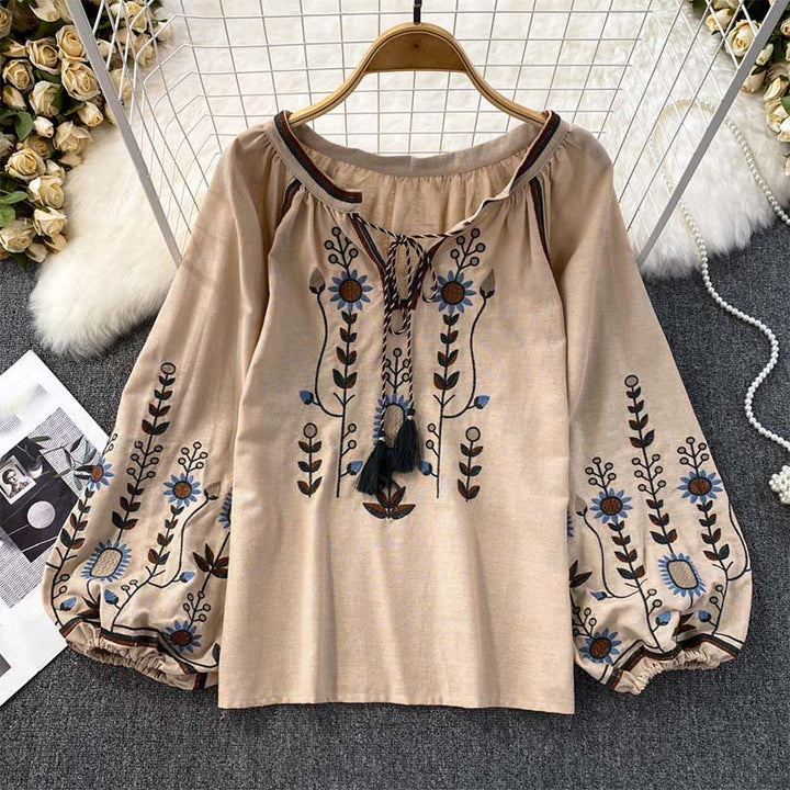 Lässiges T-Shirt mit Buddha Stones -Stickerei, Blumen- und Blattmuster, Damen-Baumwoll-Leinen-Mischgewebe, Rundhalsausschnitt  - BurlyWood - US4-6, UK/AU8-10, EU36-38 (F) - image 21