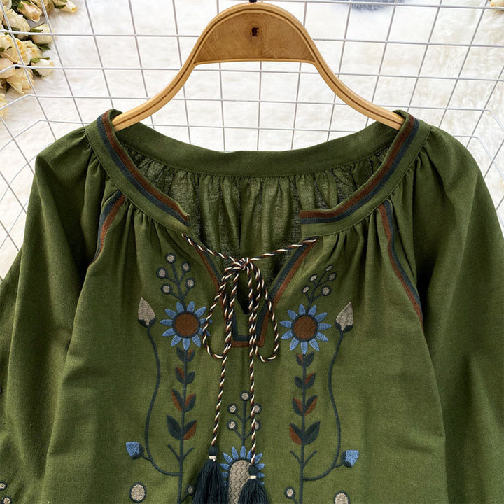 Lässiges T-Shirt mit Buddha Stones -Stickerei, Blumen- und Blattmuster, Damen-Baumwoll-Leinen-Mischgewebe, Rundhalsausschnitt  - image 3