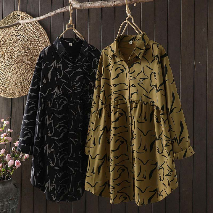 Buddha Stones ​​Frühling Herbst Stehkragen Linienmuster Langarm Damen Baumwoll-Polyester-Shirt  - image 0