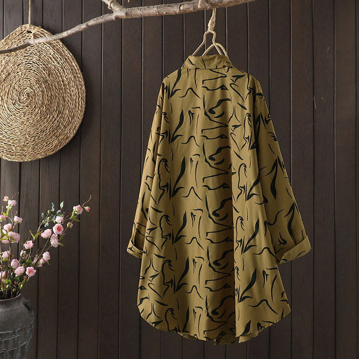 Buddha Stones ​​Frühling Herbst Stehkragen Linienmuster Langarm Damen Baumwoll-Polyester-Shirt  - image 3