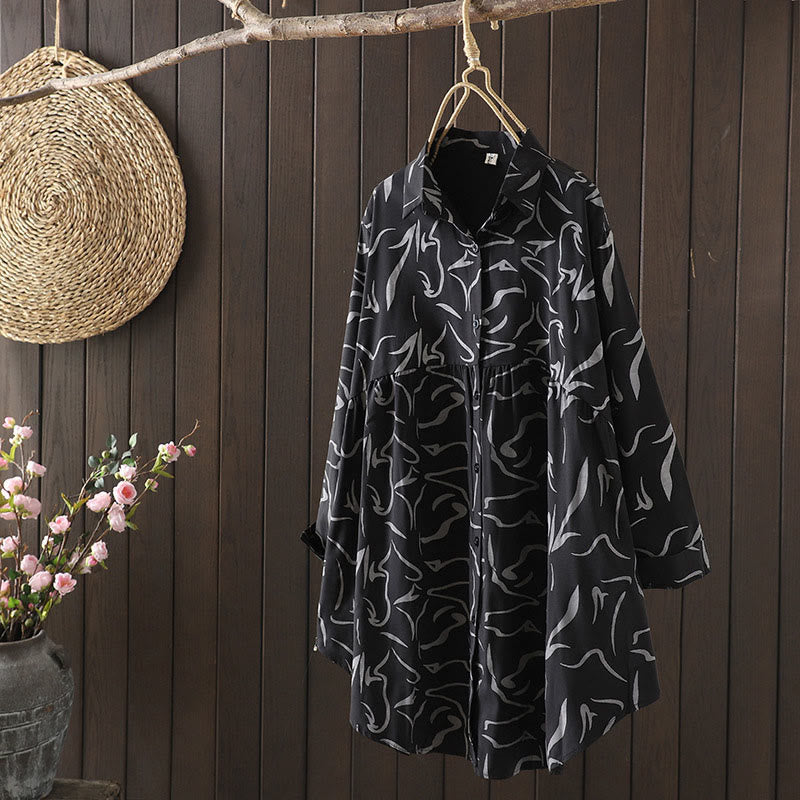 Buddha Stones ​​Frühling Herbst Stehkragen Linienmuster Langarm Damen Baumwoll-Polyester-Shirt  - Schwarz - US14, UK/AU18, EU46 (4XL) - image 16