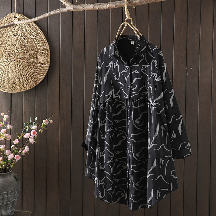 Buddha Stones ​​Frühling Herbst Stehkragen Linienmuster Langarm Damen Baumwoll-Polyester-Shirt  - Schwarz - US14, UK/AU18, EU46 (4XL) - image 16
