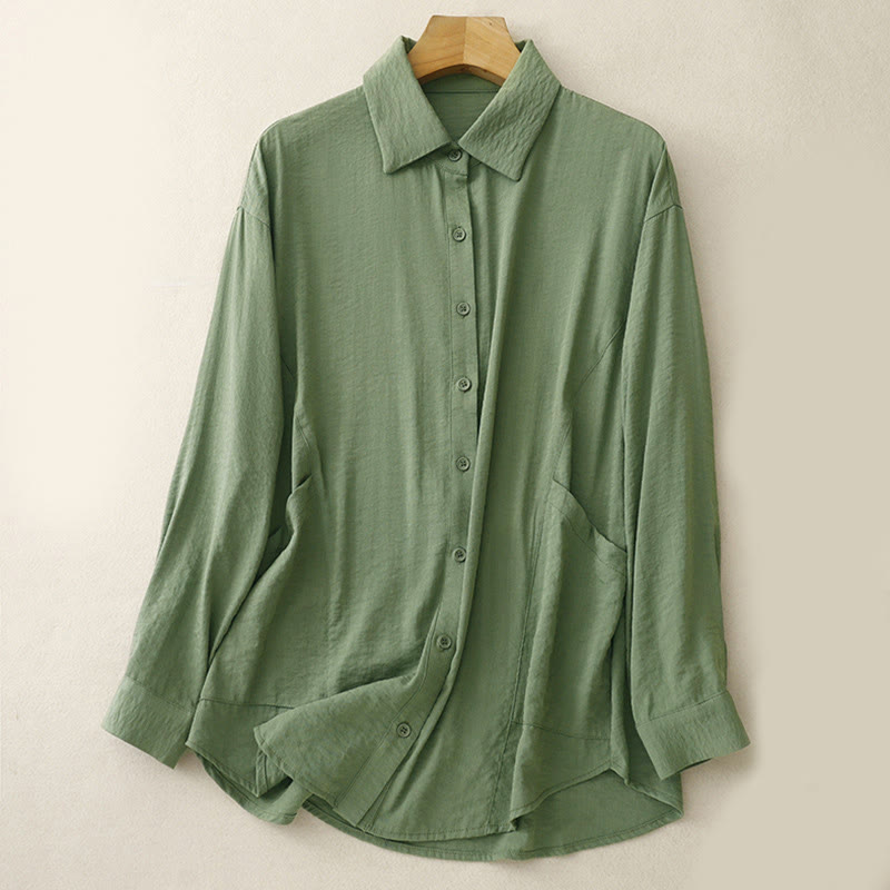 Buddha Stones Frühling Herbst Stehkragen Einfarbig Langarm Damen Baumwoll-Polyester-Shirt  - Grün - US8-10, UK/AU12-14, EU40-42 (2XL) - image 6