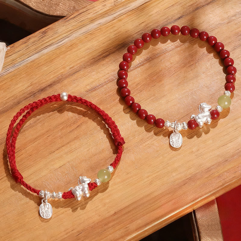 Buddha Stones ​​Jahr des Pferdes Zinnober Hetian-Jade 999 Sterlingsilber Rotes Faden Konzentrationsarmband - Kombinationsset (Handgelenkumfang: 14-15 cm) - image 0