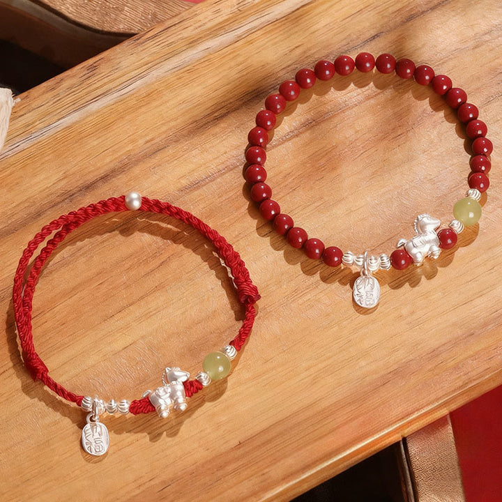 Buddha Stones ​​Jahr des Pferdes Zinnober Hetian-Jade 999 Sterlingsilber Rotes Faden Konzentrationsarmband - Kombinationsset (Handgelenkumfang: 14-15 cm) - image 0