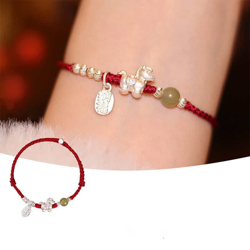 Buddha Stones ​​Jahr des Pferdes Zinnober Hetian-Jade 999 Sterlingsilber Rotes Faden Konzentrationsarmband - Pferd aus Hetian-Jade, 999 Sterling Silber (Handgelenkumfang: 14-15 cm) - image 14