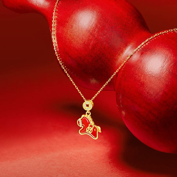 Buddha Stones ​​Jahr des Pferdes Kupfermünze 925 Sterling Silber Roter Achat Segenskette Anhänger - Pferd aus 925er Sterlingsilber mit rotem Achat - image 0