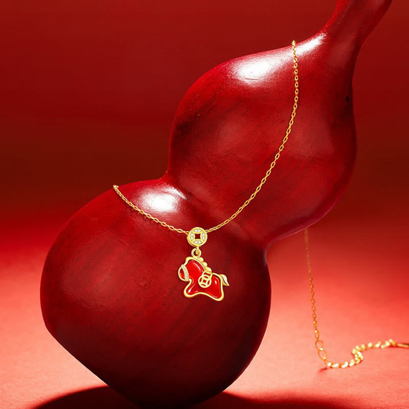 Buddha Stones ​​Jahr des Pferdes Kupfermünze 925 Sterling Silber Roter Achat Segenskette Anhänger - image 1