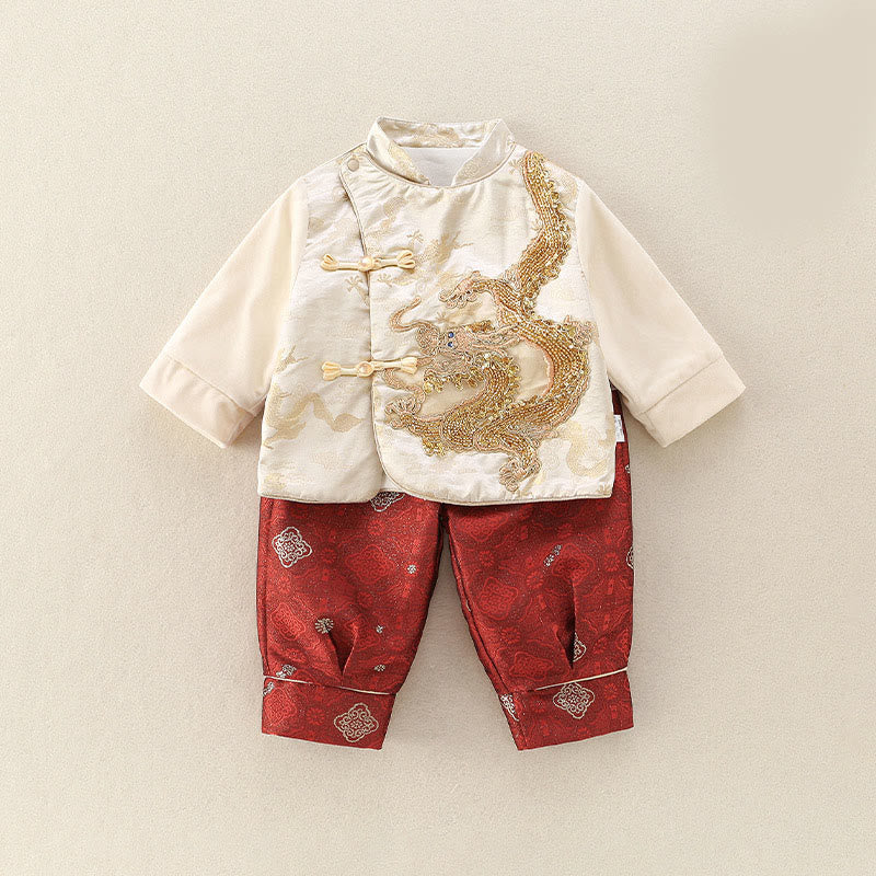 Buddha Stones ​​2-teiliges Winter-Baby-Jungen-Baumwoll-Langarmanzug-Set mit niedlichem Drachenmotiv und elastischer Taille - Beige - 20-25M - image 0