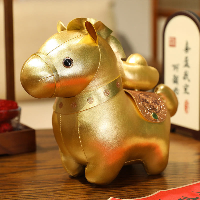 Buddha Stones Jahr des Pferdes Goldbarren, niedliche Ponypuppe, Wohlstands-Heimdekoration - Pferd mit Barren - 25 cm (gemessen von Ohr bis Fuß) - image 1