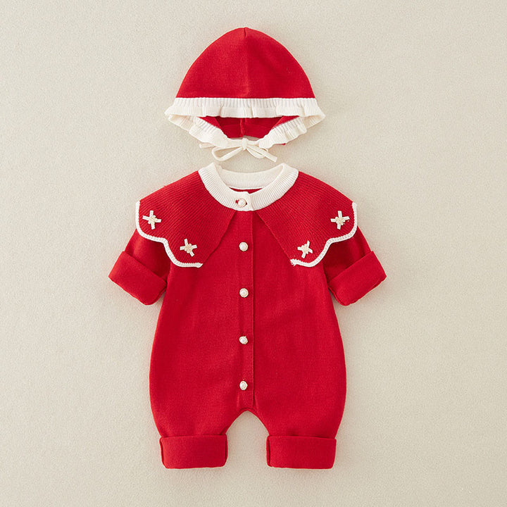 Buddha Stones Frühling Herbst Farbblock-Baby-Mädchen Langarm-Kapuzen-Strick-Einteiler - Rot - 9-12M - image 0