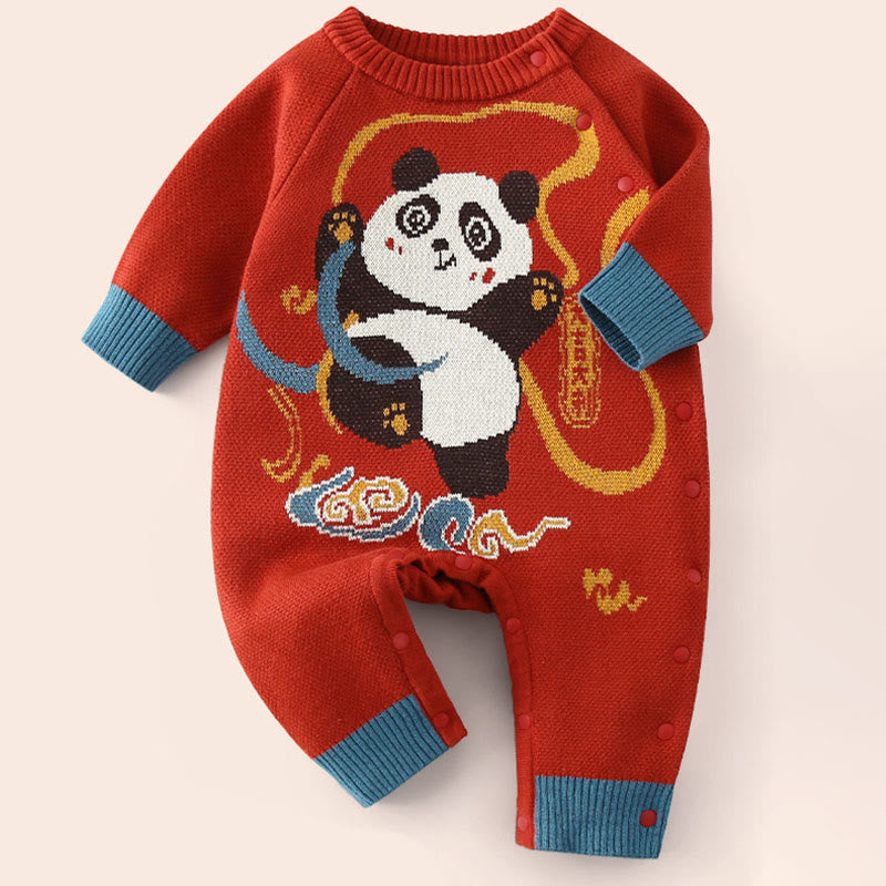 Buddha Stones ​​Herbst Winter Rotes Panda Muster Baby Jungen Mädchen Baumwolle Langarm Strick Einteiler - Rot - 1-2J - image 0