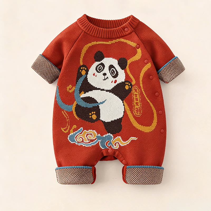 Buddha Stones ​​Herbst Winter Rotes Panda Muster Baby Jungen Mädchen Baumwolle Langarm Strick Einteiler - image 1