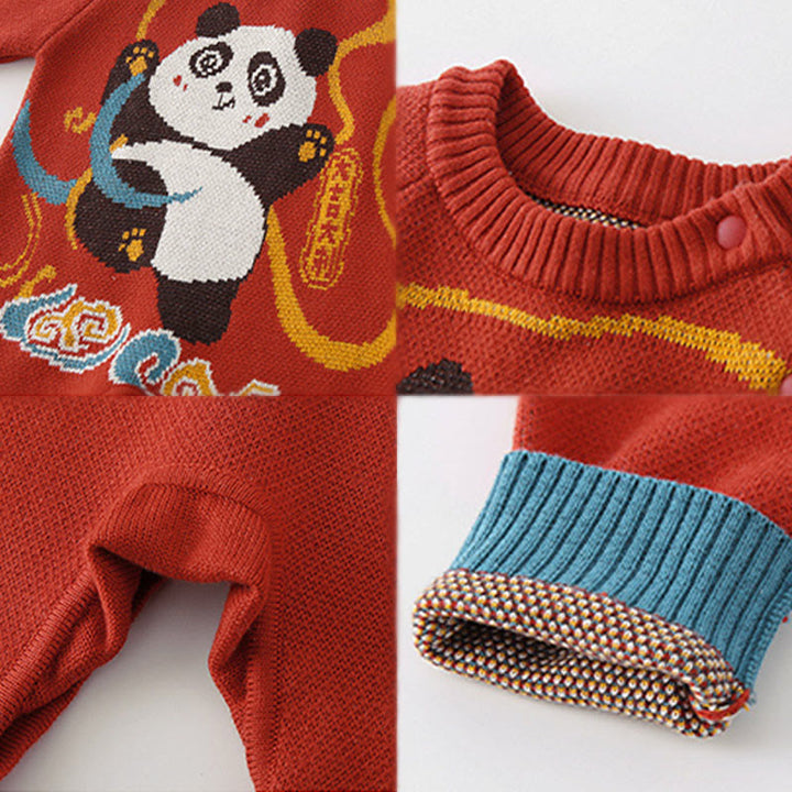 Buddha Stones ​​Herbst Winter Rotes Panda Muster Baby Jungen Mädchen Baumwolle Langarm Strick Einteiler - image 4