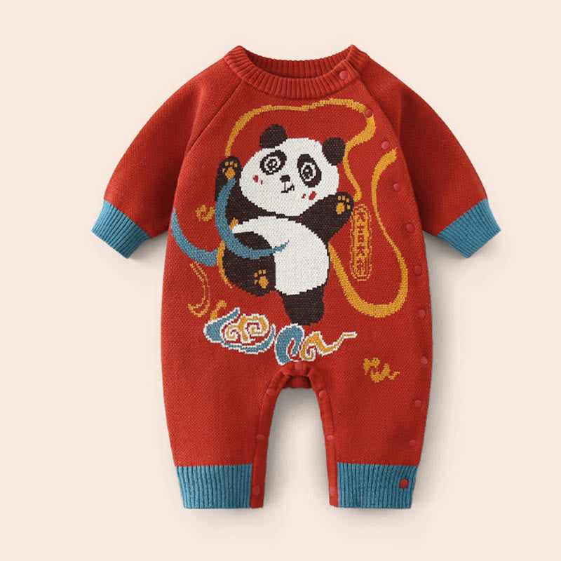 Buddha Stones ​​Herbst Winter Rotes Panda Muster Baby Jungen Mädchen Baumwolle Langarm Strick Einteiler - image 3