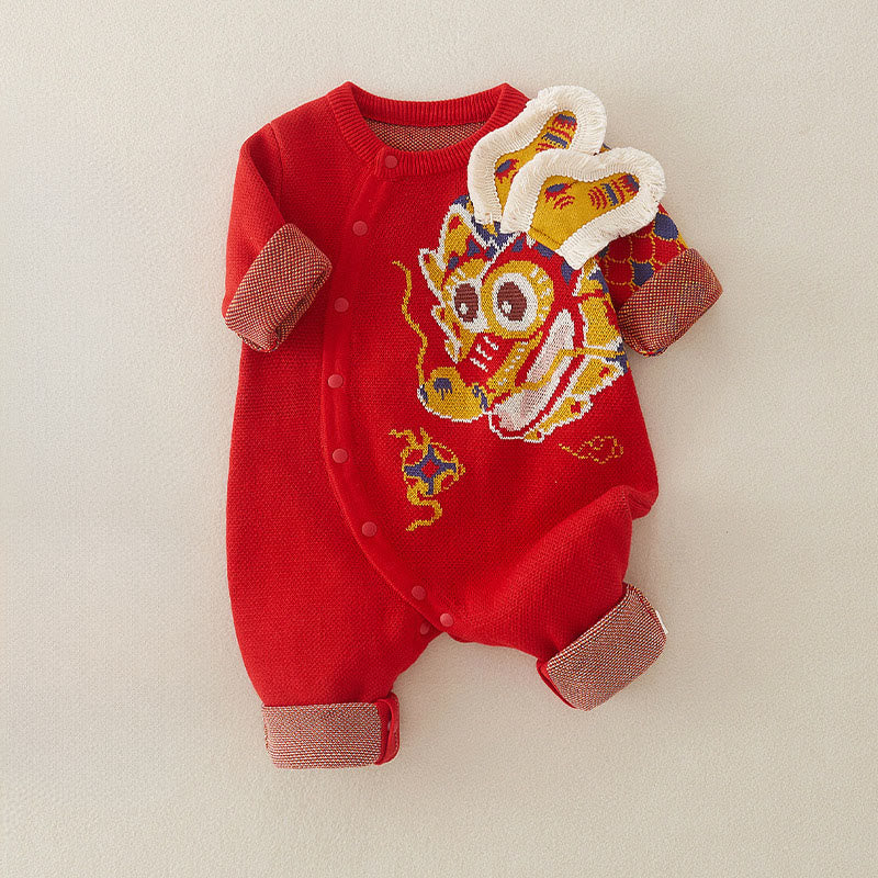 Buddha Stones ​​Herbst Winter Roter Drachenmuster Baby Jungen Mädchen Baumwolle Langarm Strick Einteiler - image 3
