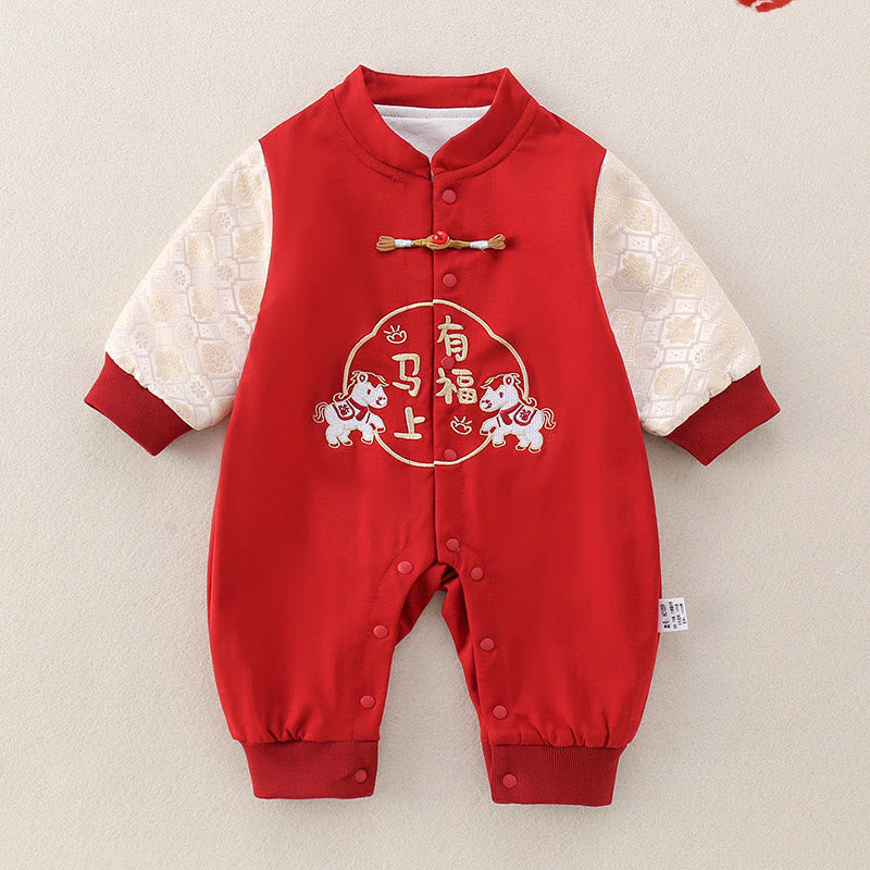 Buddha Stones ​​Frühling Herbst Rot Jahr des Pferdes Glücksdesign Baby Mädchen Jungen Baumwolle Langarm Einteiler Strampler - Rot - 10-15 Mio. - image 0