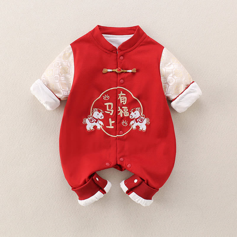 Buddha Stones ​​Frühling Herbst Rot Jahr des Pferdes Glücksdesign Baby Mädchen Jungen Baumwolle Langarm Einteiler Strampler - image 1