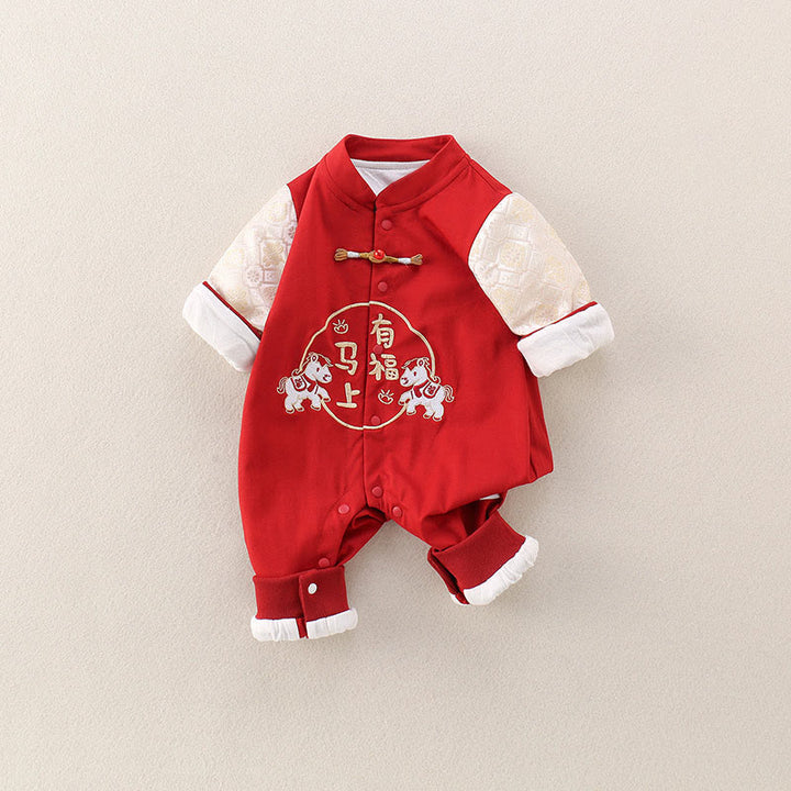 Buddha Stones ​​Frühling Herbst Rot Jahr des Pferdes Glücksdesign Baby Mädchen Jungen Baumwolle Langarm Einteiler Strampler - image 2