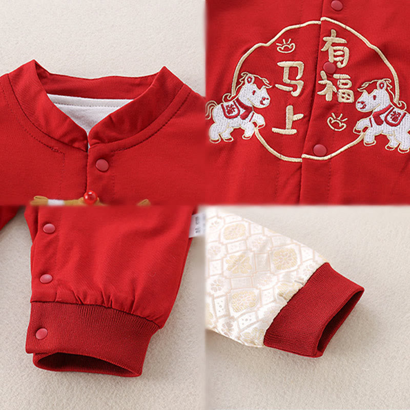 Buddha Stones ​​Frühling Herbst Rot Jahr des Pferdes Glücksdesign Baby Mädchen Jungen Baumwolle Langarm Einteiler Strampler - image 5