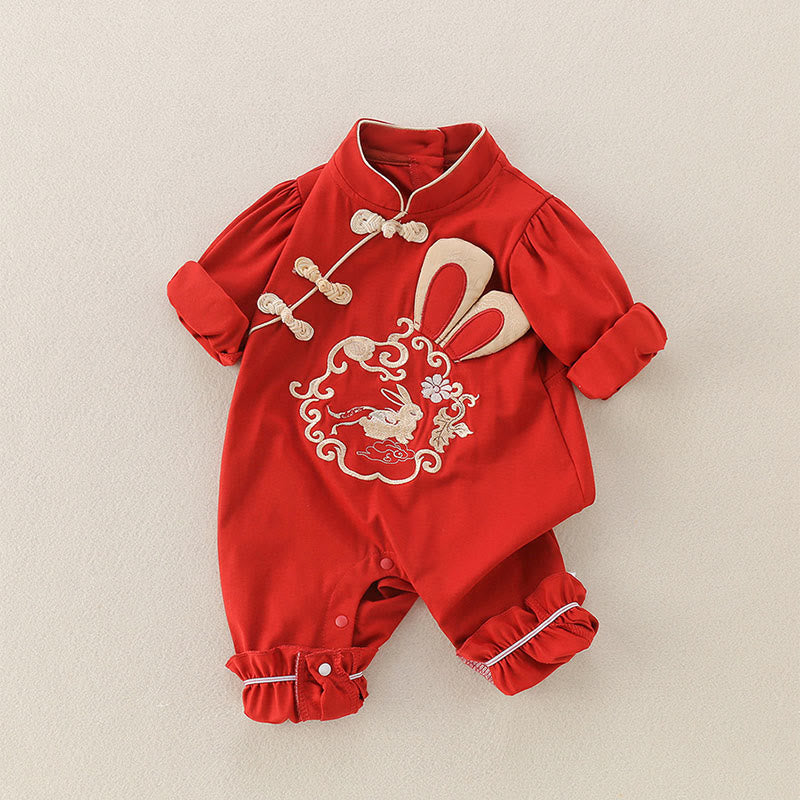 Buddha Stones ​​Frühling Herbst Rotes Kaninchen Design Baby Mädchen Baumwolle Langarm Einteiler Strampler - image 1