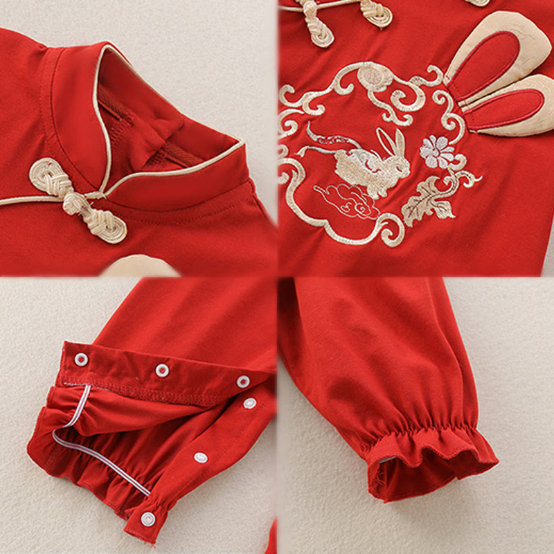 Buddha Stones ​​Frühling Herbst Rotes Kaninchen Design Baby Mädchen Baumwolle Langarm Einteiler Strampler - image 4