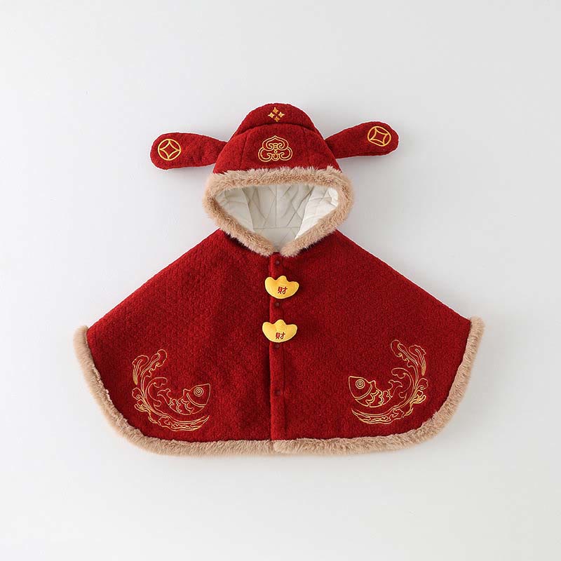 Buddha Stones ​​Herbst Winter Rote Koi-Fische Wellen Design Baby Mädchen Jungen Langarm Umhang Jacke - Rot - 0-3J (Einheitsgröße) - image 0
