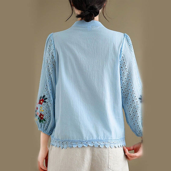 Damen-Langarmshirt mit Buddha Stones, Herbstspitzenstickerei, Blumen- und Blattmuster, Stehkragen und Knöpfen - image 5
