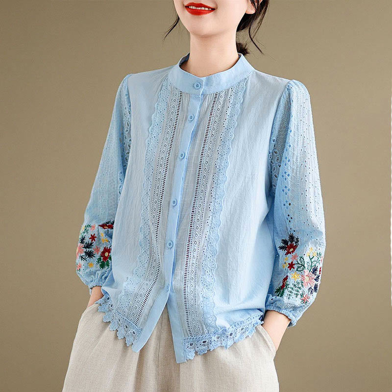 Damen-Langarmshirt mit Buddha Stones, Herbstspitzenstickerei, Blumen- und Blattmuster, Stehkragen und Knöpfen - image 3