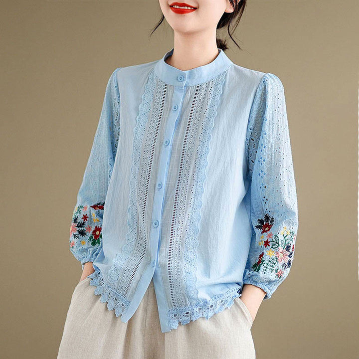 Damen-Langarmshirt mit Buddha Stones, Herbstspitzenstickerei, Blumen- und Blattmuster, Stehkragen und Knöpfen - image 3
