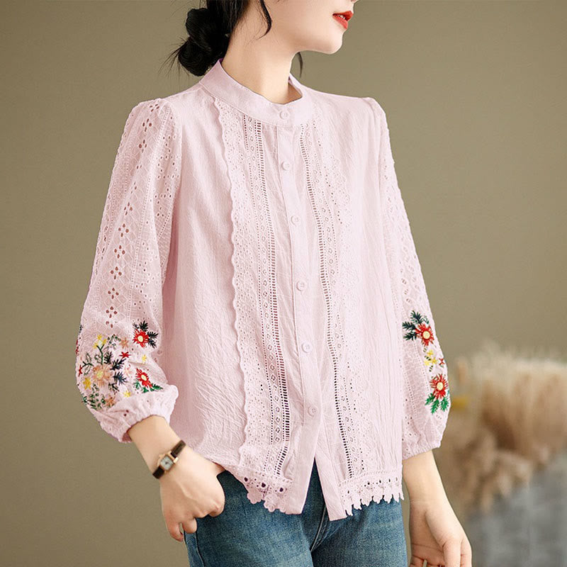 Damen-Langarmshirt mit Buddha Stones, Herbstspitzenstickerei, Blumen- und Blattmuster, Stehkragen und Knöpfen - image 15