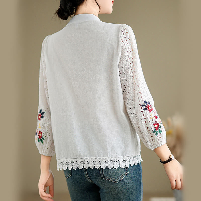 Damen-Langarmshirt mit Buddha Stones, Herbstspitzenstickerei, Blumen- und Blattmuster, Stehkragen und Knöpfen - image 11