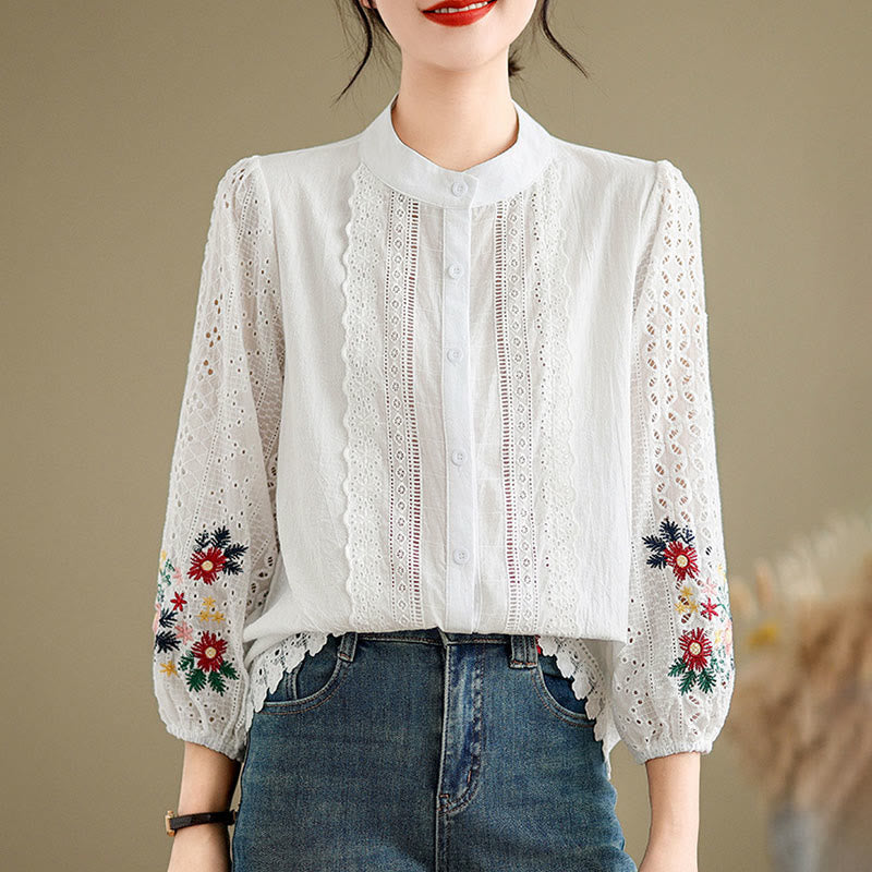 Damen-Langarmshirt mit Buddha Stones, Herbstspitzenstickerei, Blumen- und Blattmuster, Stehkragen und Knöpfen - image 9