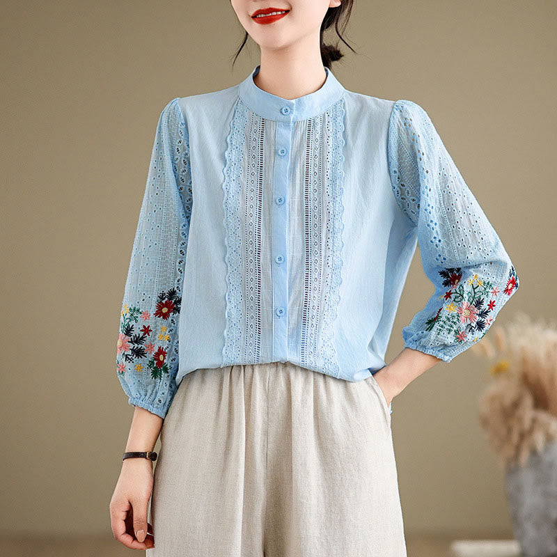Damen-Langarmshirt mit Buddha Stones, Herbstspitzenstickerei, Blumen- und Blattmuster, Stehkragen und Knöpfen - image 1