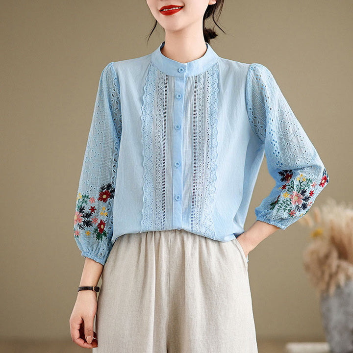 Damen-Langarmshirt mit Buddha Stones, Herbstspitzenstickerei, Blumen- und Blattmuster, Stehkragen und Knöpfen - image 1