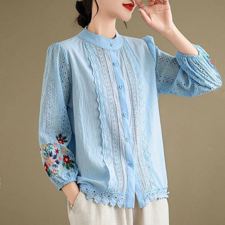 Damen-Langarmshirt mit Buddha Stones, Herbstspitzenstickerei, Blumen- und Blattmuster, Stehkragen und Knöpfen - image 4