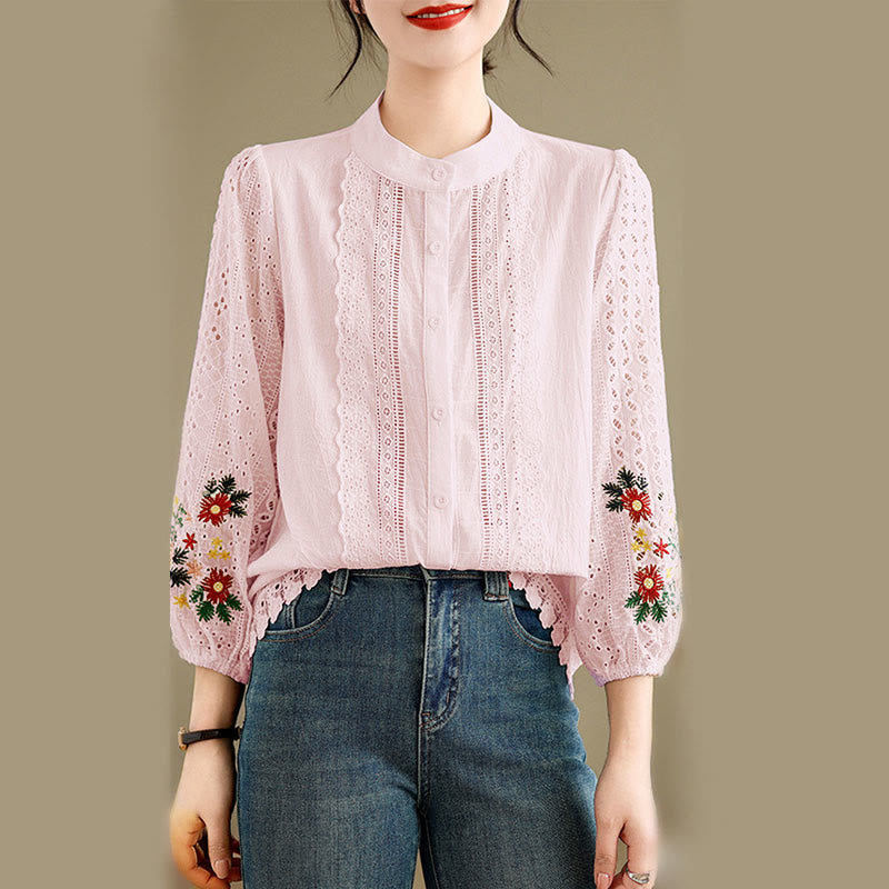 Damen-Langarmshirt mit Buddha Stones, Herbstspitzenstickerei, Blumen- und Blattmuster, Stehkragen und Knöpfen - image 14