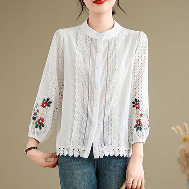 Damen-Langarmshirt mit Buddha Stones, Herbstspitzenstickerei, Blumen- und Blattmuster, Stehkragen und Knöpfen - image 7