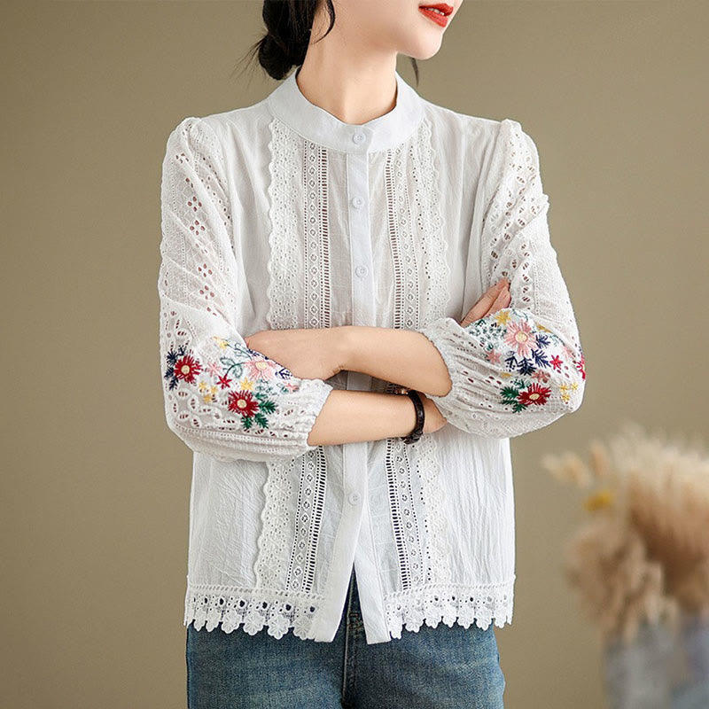 Damen-Langarmshirt mit Buddha Stones, Herbstspitzenstickerei, Blumen- und Blattmuster, Stehkragen und Knöpfen - image 10
