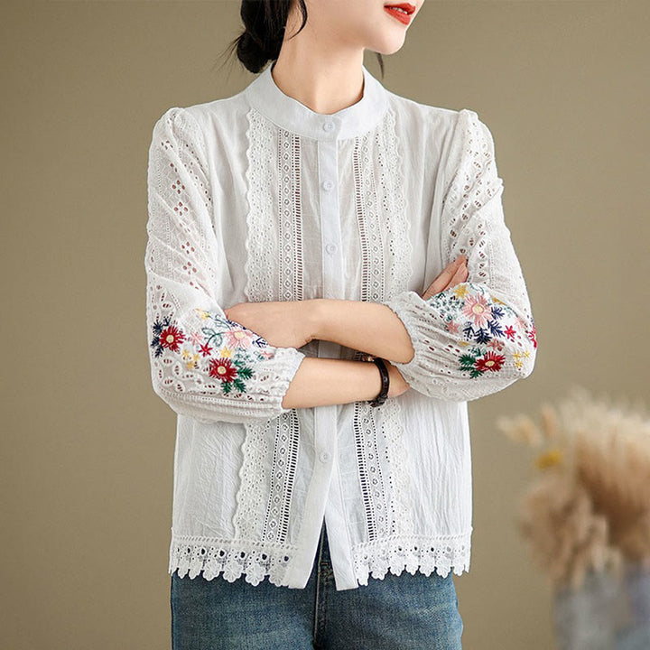 Damen-Langarmshirt mit Buddha Stones, Herbstspitzenstickerei, Blumen- und Blattmuster, Stehkragen und Knöpfen - image 10