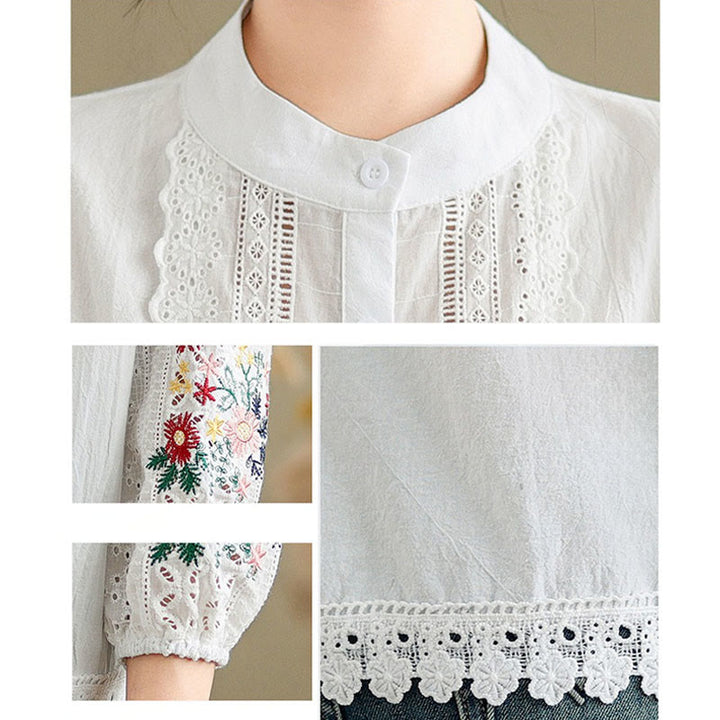 Damen-Langarmshirt mit Buddha Stones, Herbstspitzenstickerei, Blumen- und Blattmuster, Stehkragen und Knöpfen - image 12
