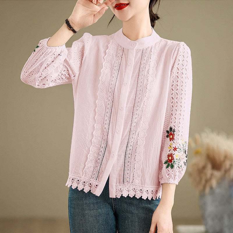Damen-Langarmshirt mit Buddha Stones, Herbstspitzenstickerei, Blumen- und Blattmuster, Stehkragen und Knöpfen - Rosa - US 8-10, UK/AU 12-14, EU 40-42 (2XL) - image 13
