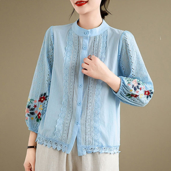 Damen-Langarmshirt mit Buddha Stones, Herbstspitzenstickerei, Blumen- und Blattmuster, Stehkragen und Knöpfen - Tiefblau - US 8-10, UK/AU 12-14, EU 40-42 (2XL) - image 0