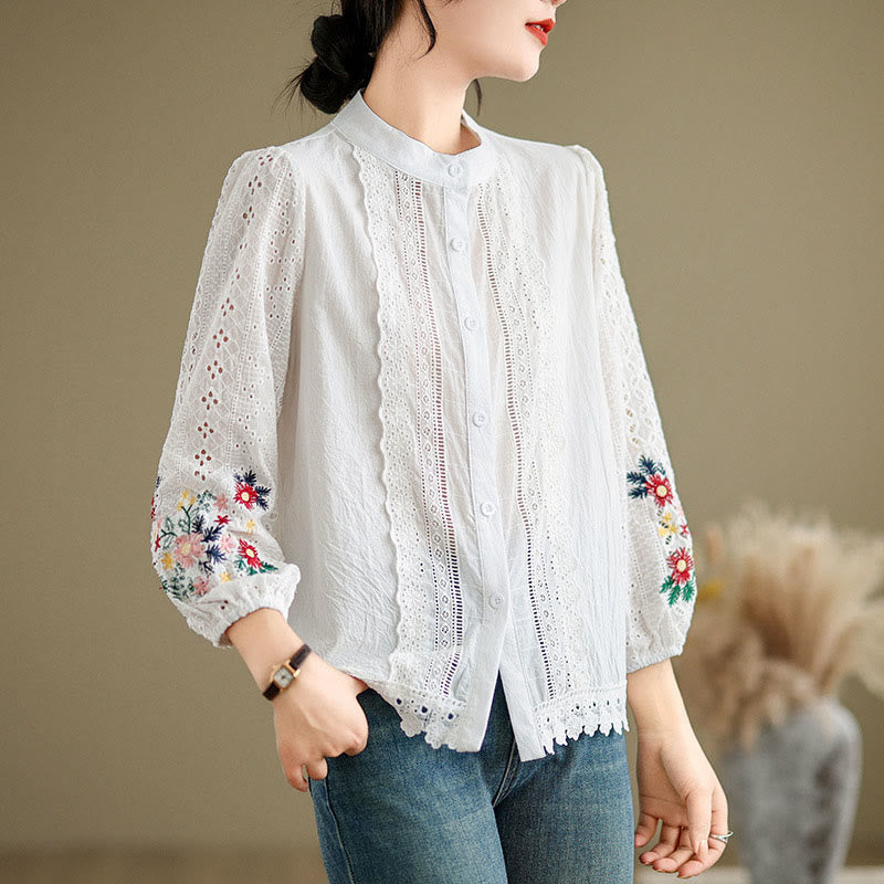 Damen-Langarmshirt mit Buddha Stones, Herbstspitzenstickerei, Blumen- und Blattmuster, Stehkragen und Knöpfen - image 8