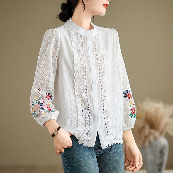 Damen-Langarmshirt mit Buddha Stones, Herbstspitzenstickerei, Blumen- und Blattmuster, Stehkragen und Knöpfen - image 8