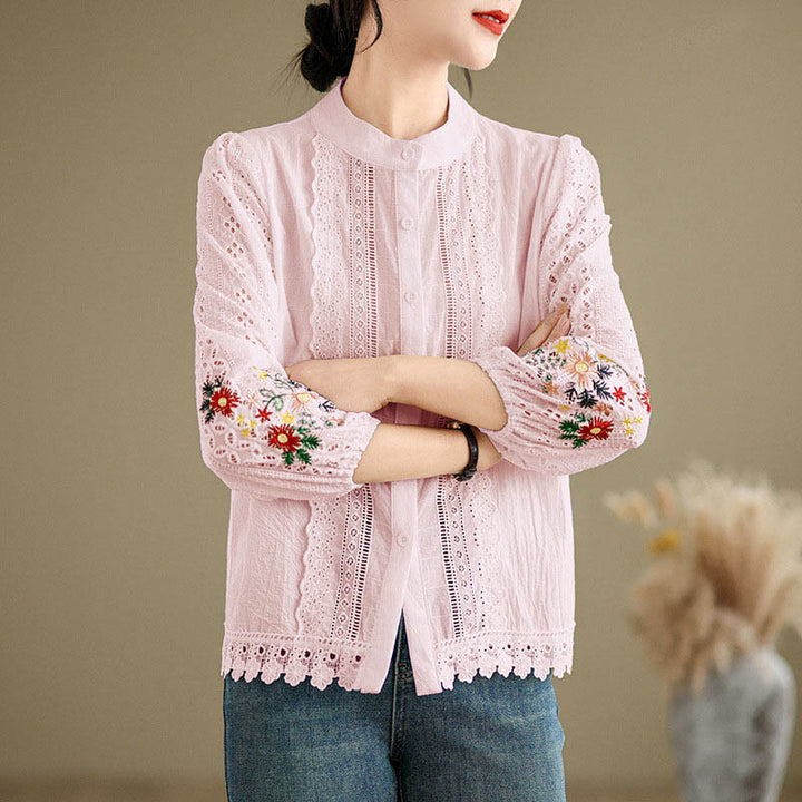 Damen-Langarmshirt mit Buddha Stones, Herbstspitzenstickerei, Blumen- und Blattmuster, Stehkragen und Knöpfen - image 16