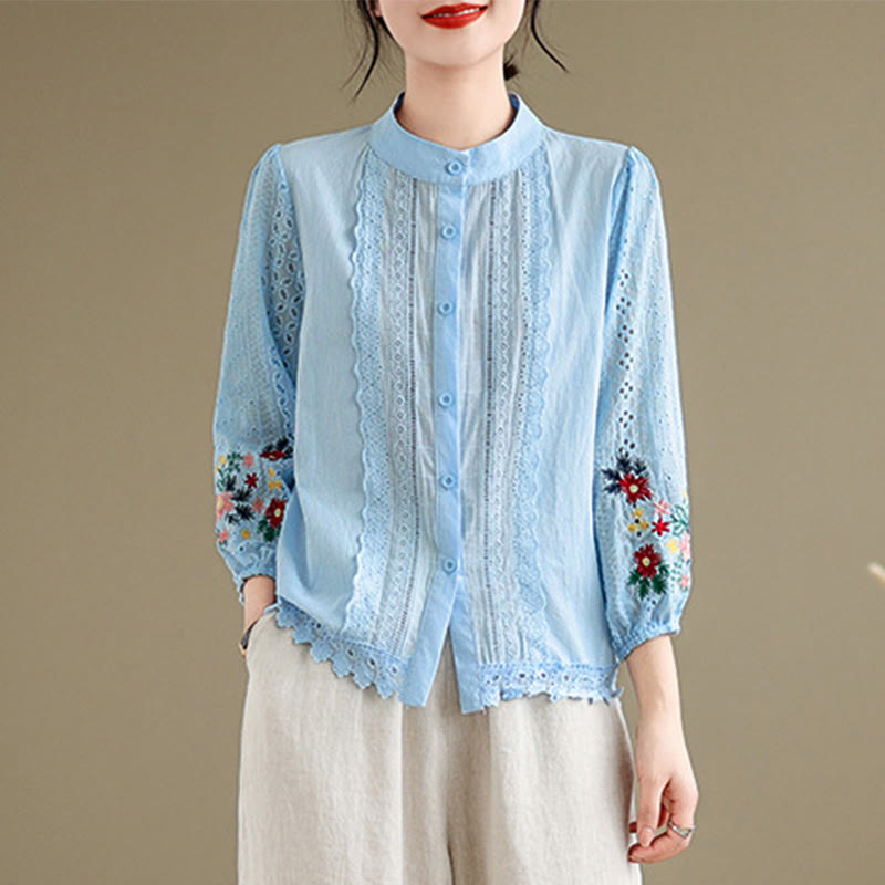 Damen-Langarmshirt mit Buddha Stones, Herbstspitzenstickerei, Blumen- und Blattmuster, Stehkragen und Knöpfen - image 2