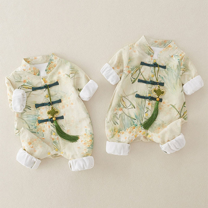 Buddha Stones ​​Frühling Herbst Beige Blumen Grünes Gras Design Baby Mädchen Baumwolle Langarm Einteiler Strampler - image 5